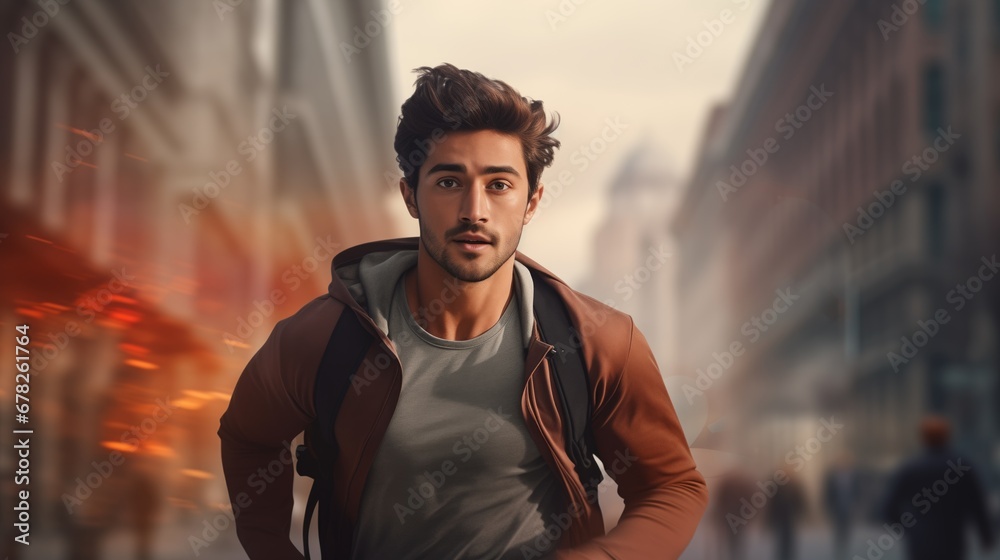 a young man runs through a city outdoors very fast in rush hour. a young man runs through a city outdoors very fast in rush hour.