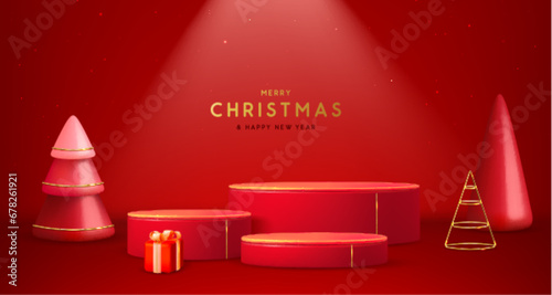 Holiday Christmas showcase red background with 3d podiums, Christmas tree and gift box. Abstract minimal scene. Vector illustration