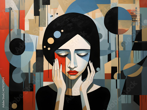 Abstract Dada art portrait of a woman embodying depression. photo