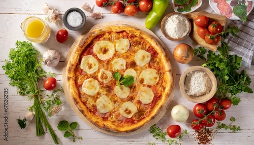 pizza, surrounded by ingredients, simple, delicious; top view of the photography of food with vegetables and, high quality photo, gourmet products