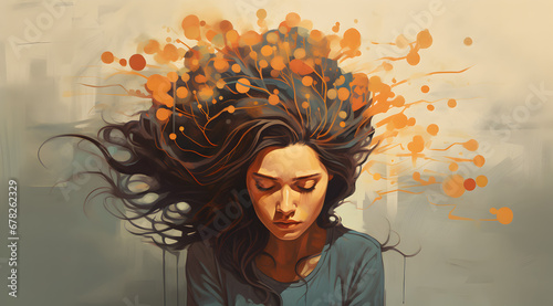 Illustration of a woman lost in thought, her worries forming a cloud around her. photo