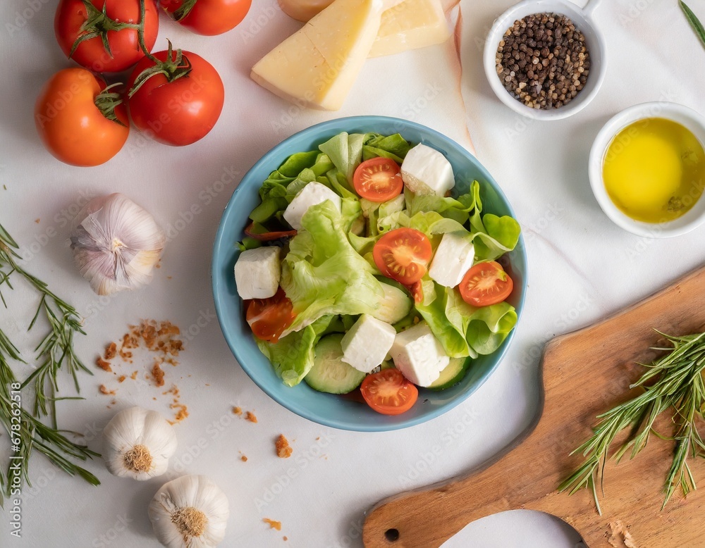 a bowl of salad, surrounded by ingredients, simple, delicious; top view of the photography of food with vegetables, and olive oil, high quality photo, gourmet products a bowl of salad, surrounded by ingredients, simple, delicious; top view of the photography of food with vegetables, and olive oil, high quality photo, gourmet products