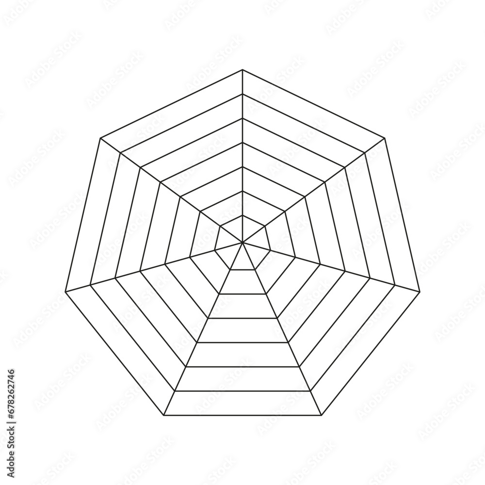 Heptagonal radar. Spider diagram template. Heptagon graph. Flat spider