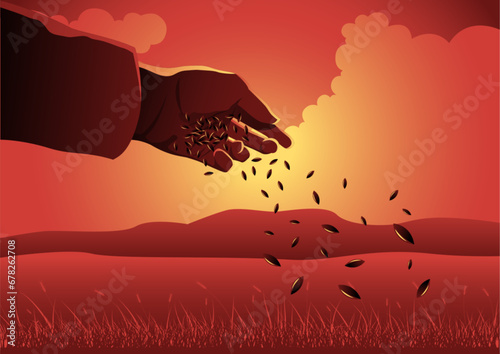 Hand throwing seeds. Sower Parabel illustration