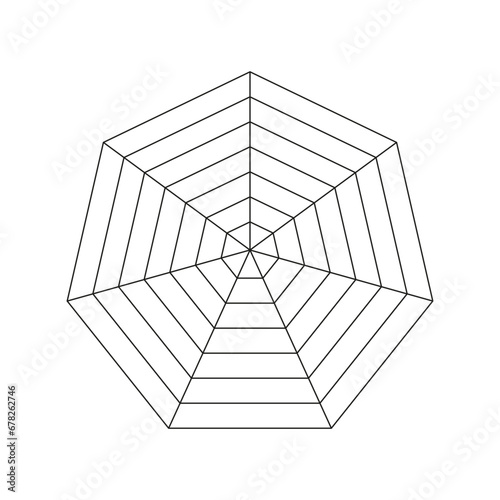 Heptagonal radar. Spider diagram template. Heptagon graph. Flat spider mesh. Diagram for statistic, analytic. Blank seven sided radar chart. Coaching tool. Vector graphic illustration.