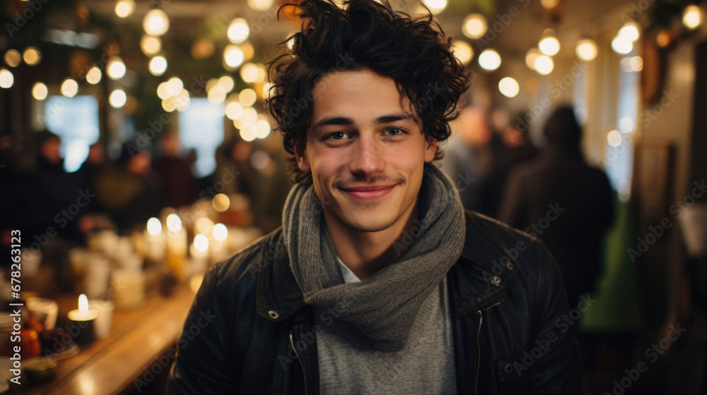 Fototapeta premium Portrait of a handsome young man with curly hair in a cafe.