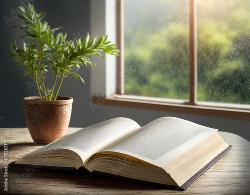 a book laying open on a table near a window with a house plant, gloomy rainy day outside; copy space for product display montage, background