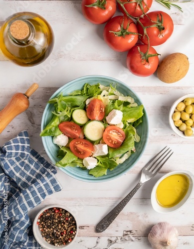 a bowl of salad, surrounded by ingredients, simple, delicious; top view of the photography of food with vegetables, and olive oil, high quality photo, gourmet products