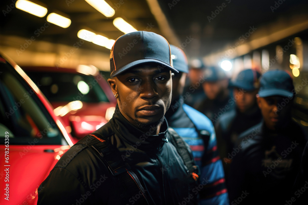 Serious young African American man with friends in the background in a moody, urban nighttime setting.