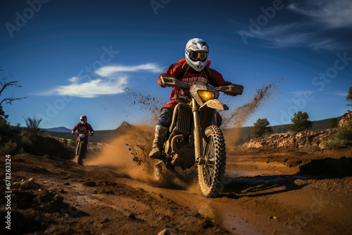 Motocross rider racing through dirt track, kicking up mud and showing dynamic action in an off-road setting.
