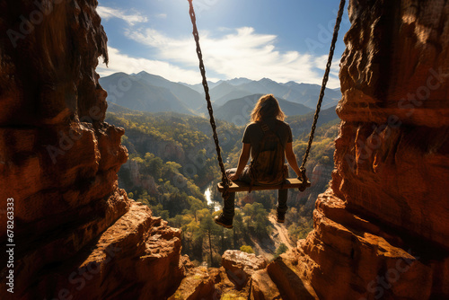 A woman sits on a swing on a cliff edge, overlooking a majestic mountain landscape bathed in the warm light of sunset.