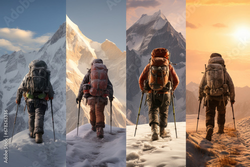 A composite image showing a hiker facing majestic mountain peaks during various times of day, embodying the spirit of adventure.