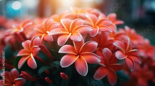 Plumeria flower blooming in the garden with sunlight background. Springtime Concept. Valentine s Day Concept with a Copy Space. Mother s Day.