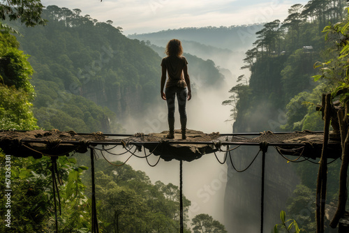 A woman stands alone on a suspension bridge, overlooking a misty forest valley during a tranquil sunrise or sunset. photo