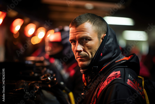 A photo of a race car driver with an intense gaze, wearing a jacket on a city street at night, surrounded by ambient lights.