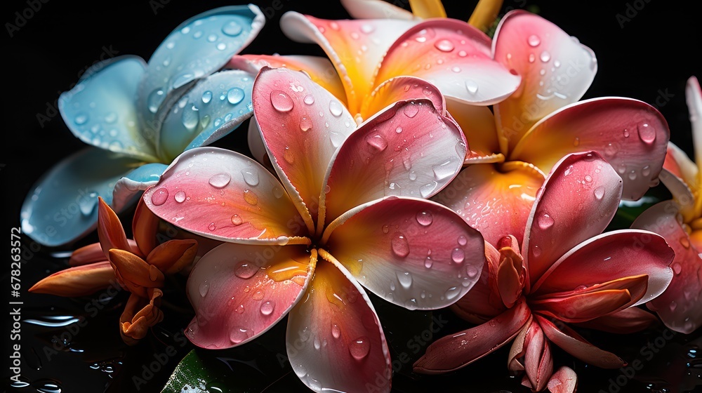 Plumeria flowers with water drops on black background, close up. Springtime Concept. Valentine's Day Concept with a Copy Space. Mother's Day.