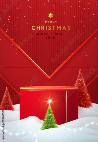 Holiday Christmas showcase red background with 3d podium and Christmas trees. Abstract minimal scene. Vector illustration