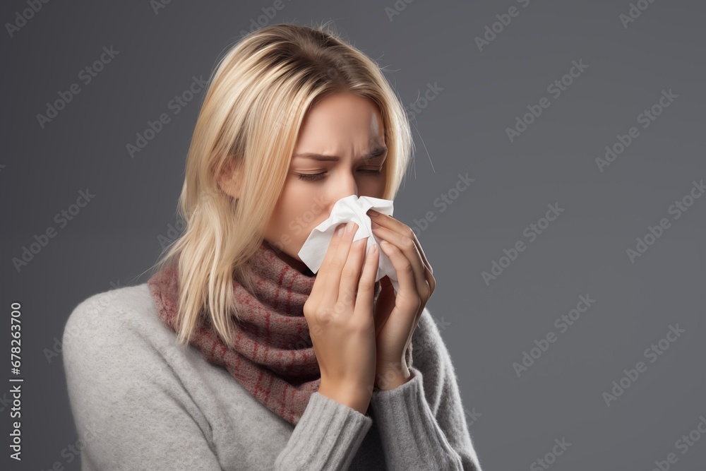 blond woman blowing nose with tissue isolated on a light grey background blond woman blowing nose with tissue isolated on a light grey background