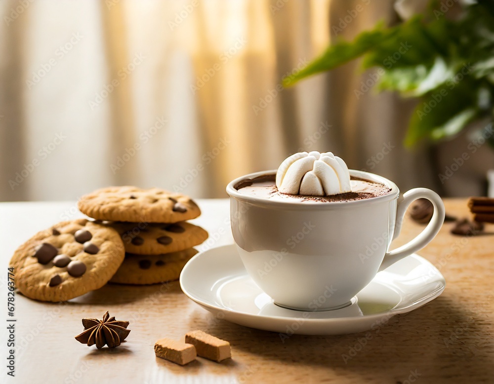 A cup of a hot chocolate with a marshmallow in white cup and cookies on the table in front; still life photography, soft focus image, natural light; copy space A cup of a hot chocolate with a marshmallow in white cup and cookies on the table in front; still life photography, soft focus image, natural light; copy space