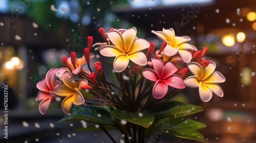 Plumeria flowers in the garden with bokeh background. Springtime Concept. Valentine's Day Concept with a Copy Space. Mother's Day.
