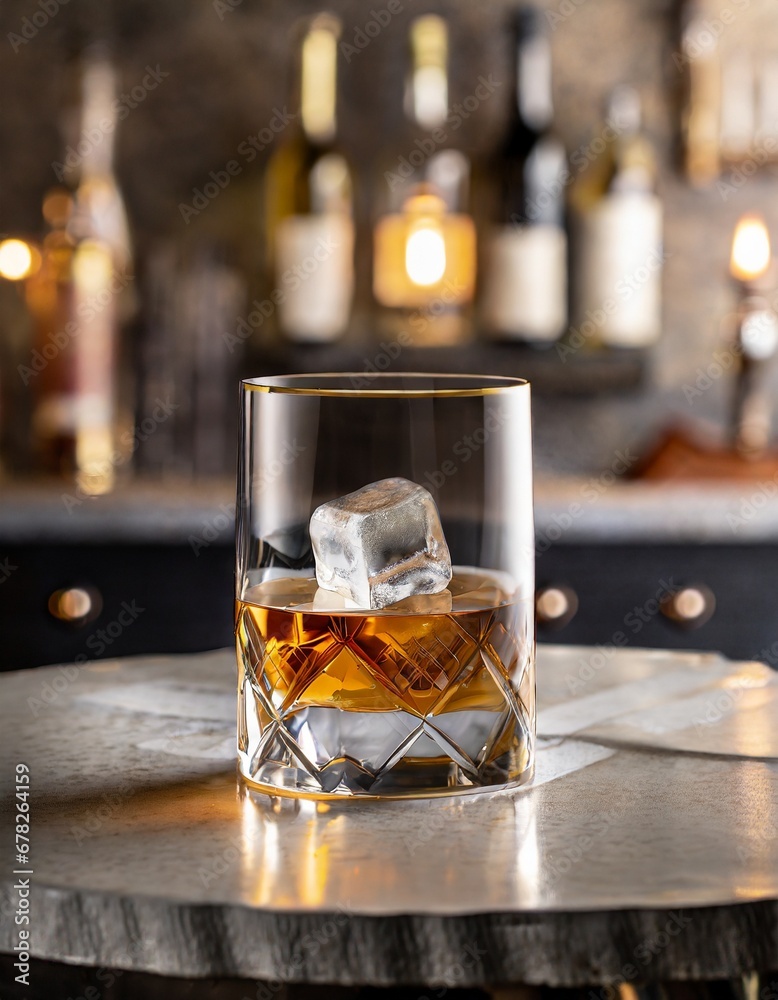 A glass of whiskey with an ice cube on the side; bar interior; copy space for branded for branding mockups presentation about alcohol drinks and cocktails A glass of whiskey with an ice cube on the side; bar interior; copy space for branded for branding mockups presentation about alcohol drinks and cocktails