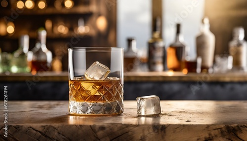 A glass of whiskey with an ice cube on the side; bar interior; copy space for branded for branding mockups presentation about alcohol drinks and cocktails