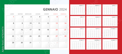 Calendar 2024 in Italian. Wall quarterly calendar for 2024 in a classic minimalist style. Week starts on Monday. Set of 12 months. Corporate Planner Template. A4 format horizontal. Vector illustration