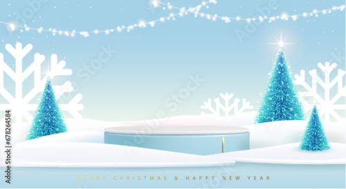 Holiday Christmas showcase blue background with 3d podium and Christmas tree. Abstract minimal scene. Vector illustration