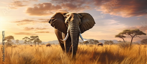 Big Elephant on the plains of the Africa at sunset view. AI generated image
