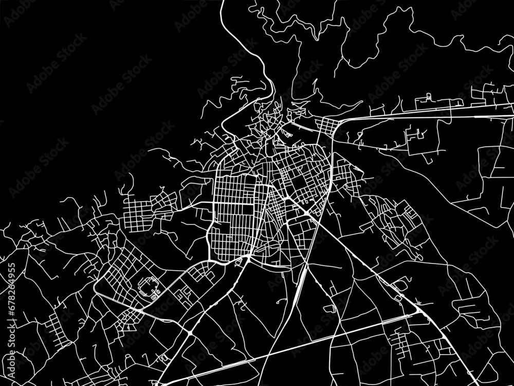 Vector road map of the city of Xanthi in Greece with white roads on a black background.