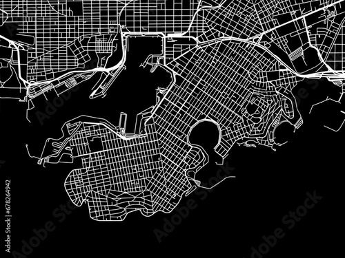 Vector road map of the city of Piraeus in Greece with white roads on a black background.