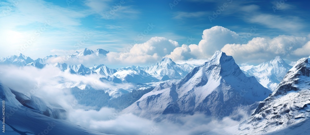 High mountain with white snow and blue sky landscape view