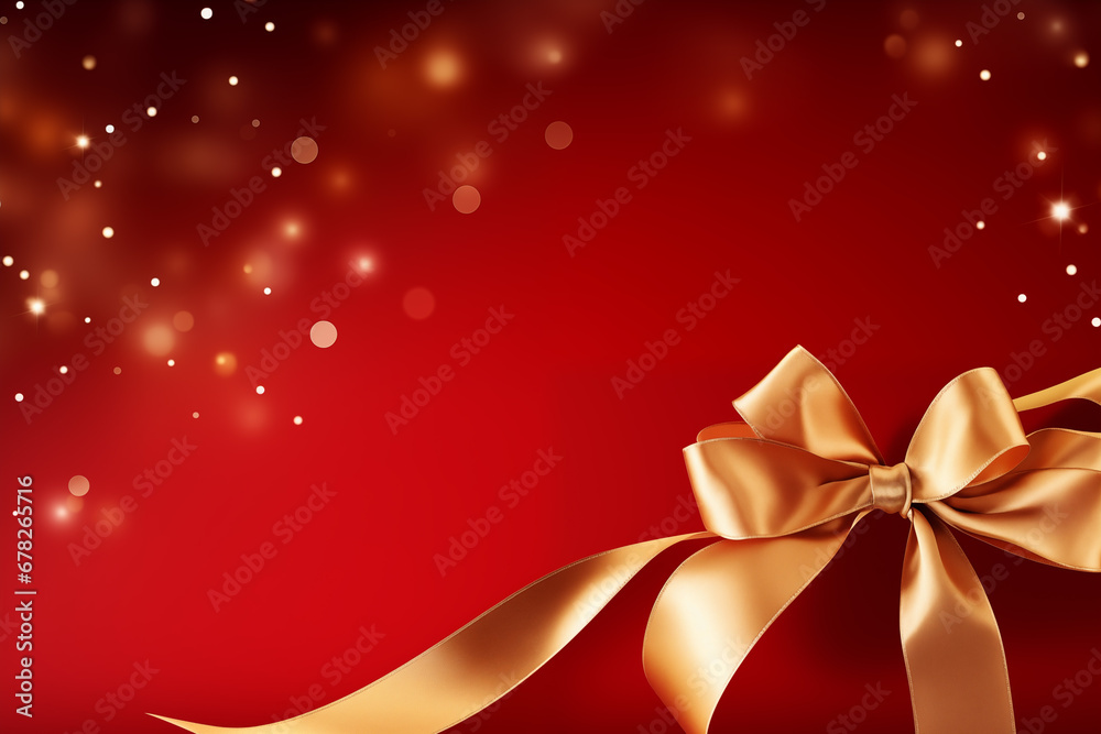 Gold ribbon on red background with copy space