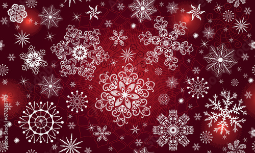 Vector Christmas red seamless pattern with white snowflakes and stars