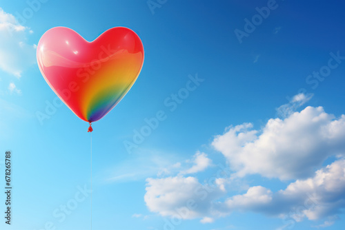 A rainbow-colored heart-shaped balloon released into the sky at an anti-homophobia event. Concept of hope and love. Generative Ai.