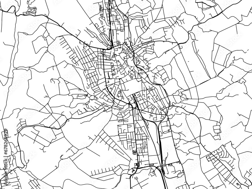 Vector road map of the city of Eger in Hungary with black roads on a white background.
