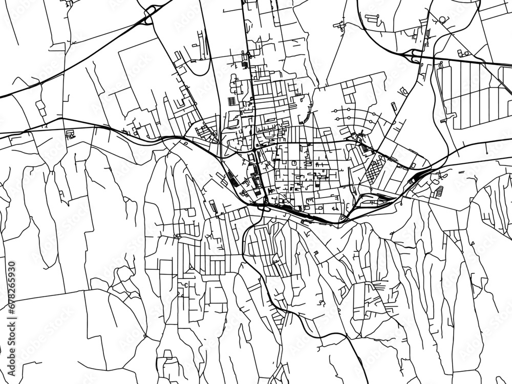 Vector road map of the city of Kaposvar in Hungary with black roads on a white background.
