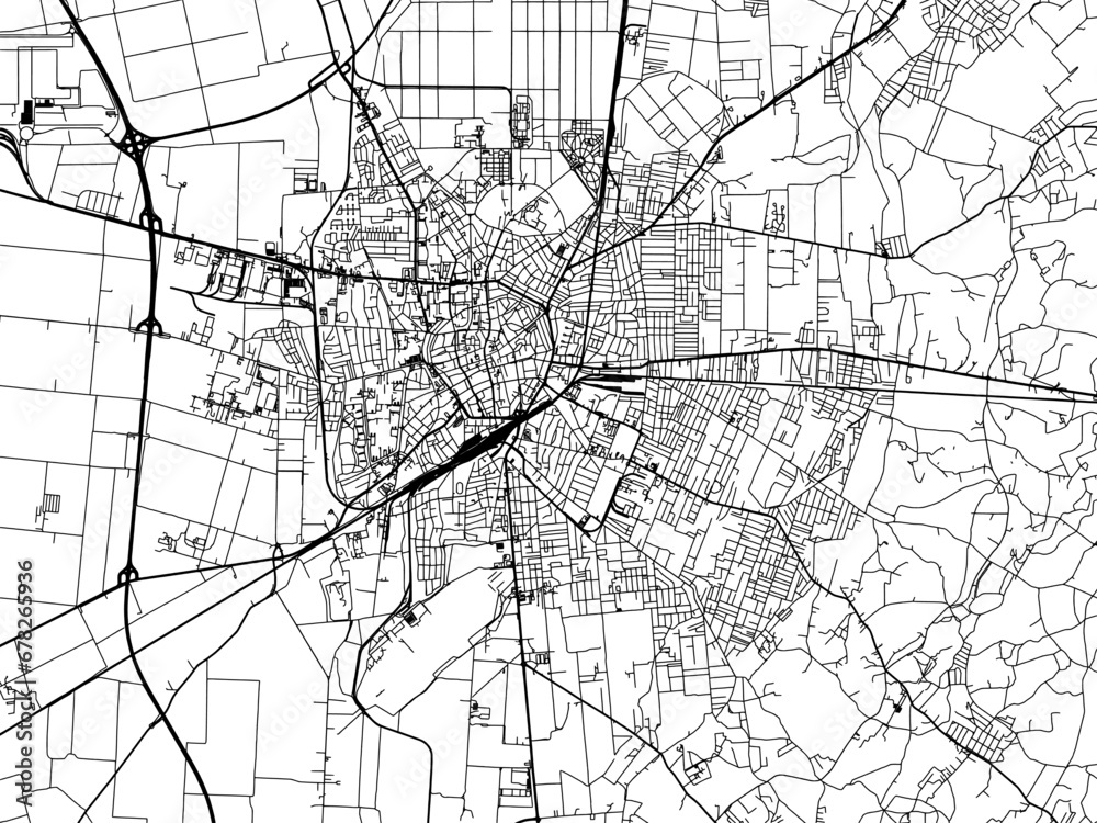 Vector road map of the city of Debrecen in Hungary with black roads on a white background.