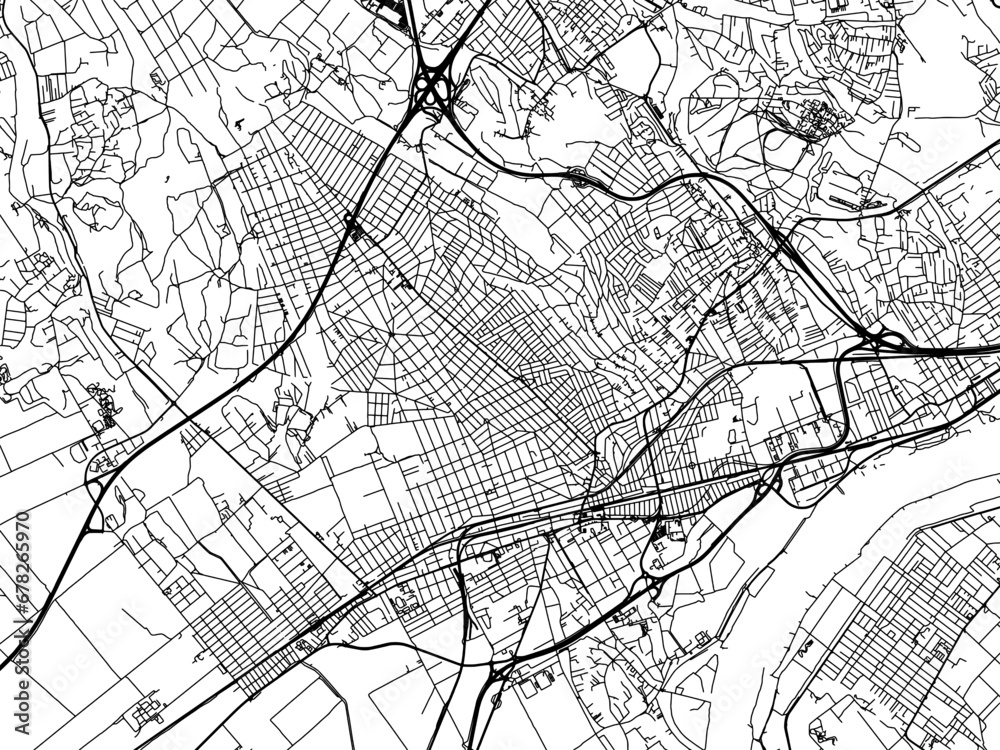 Vector road map of the city of Erd in Hungary with black roads on a white background.
