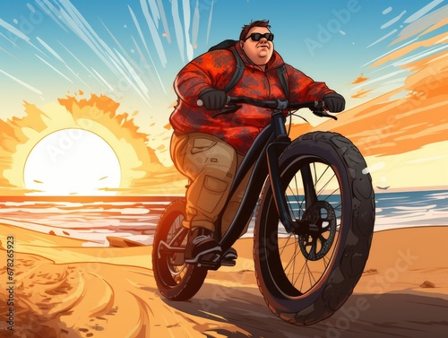 Colorful illustration capturing the action of a man riding a fat-tired mountain bike, showcasing the dynamic and vibrant energy of outdoor adventure.