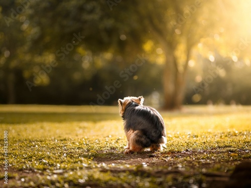 Closeup of a dog pooping outdoors photo