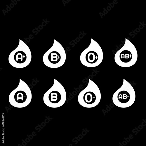 Set of blood drop silhouette with different types of blood