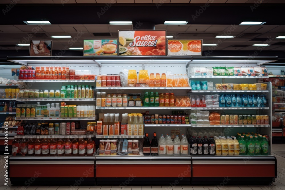 Supermarket shopping. Products on store shelfs, front view. 