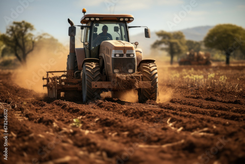 A farmer tilling the soil with a tractor in preparation for planting crops. Concept of agricultural work and sustainability. Generative Ai. © Sebastian