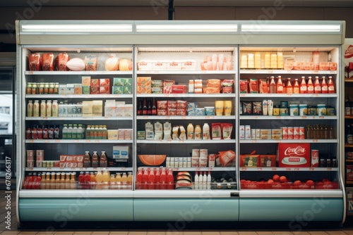 Supermarket products on shelfs, front view. Shopping in the store photo