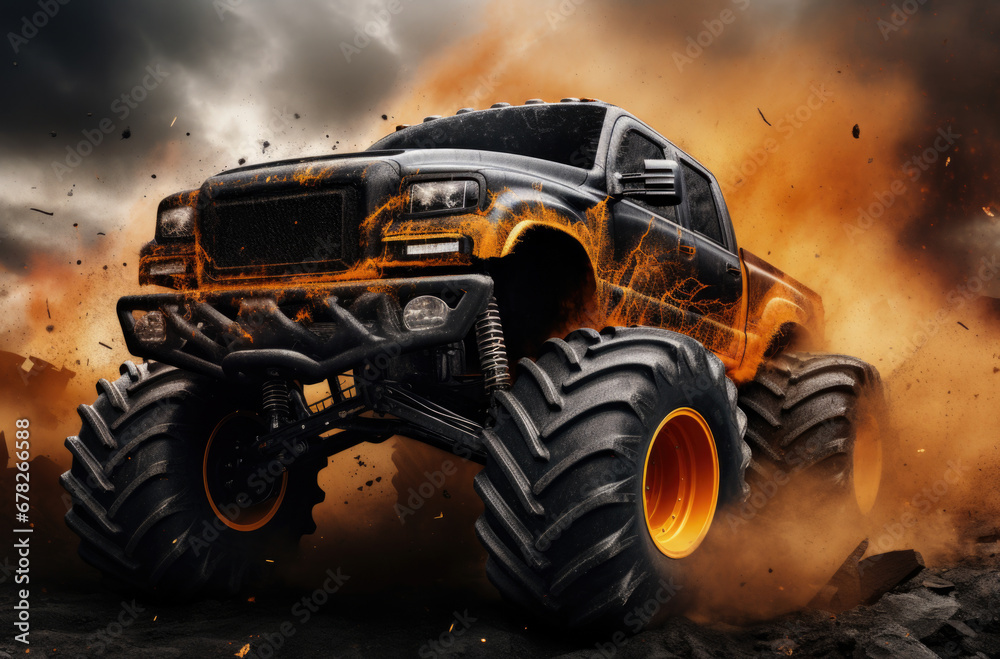 Orange car with huge wheels, monster truck. Orange car with huge wheels, monster truck.
