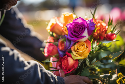 A person placing a bouquet of flowers at a memorial for LGBTQ+ individuals who faced discrimination. Concept of tribute and resistance. Generative Ai.