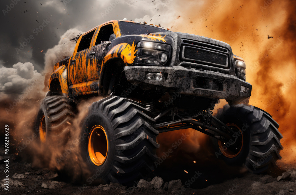 Orange car with huge wheels, monster truck. Orange car with huge wheels, monster truck.