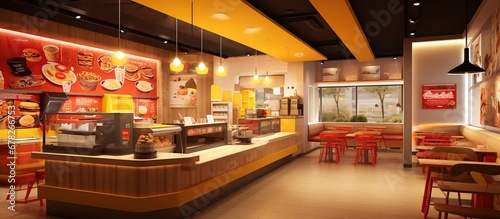 Fast food restaurant, shop store interior view
