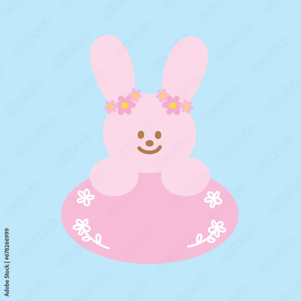 Pink bunny rabbit with flower on a pastel blue background for animal print, sticker, cartoon character, mascot, comic, standee, name tag, shirt print, pet, vet, pet shop, background, wallpaper, toy Pink bunny rabbit with flower on a pastel blue background for animal print, sticker, cartoon character, mascot, comic, standee, name tag, shirt print, pet, vet, pet shop, background, wallpaper, toy